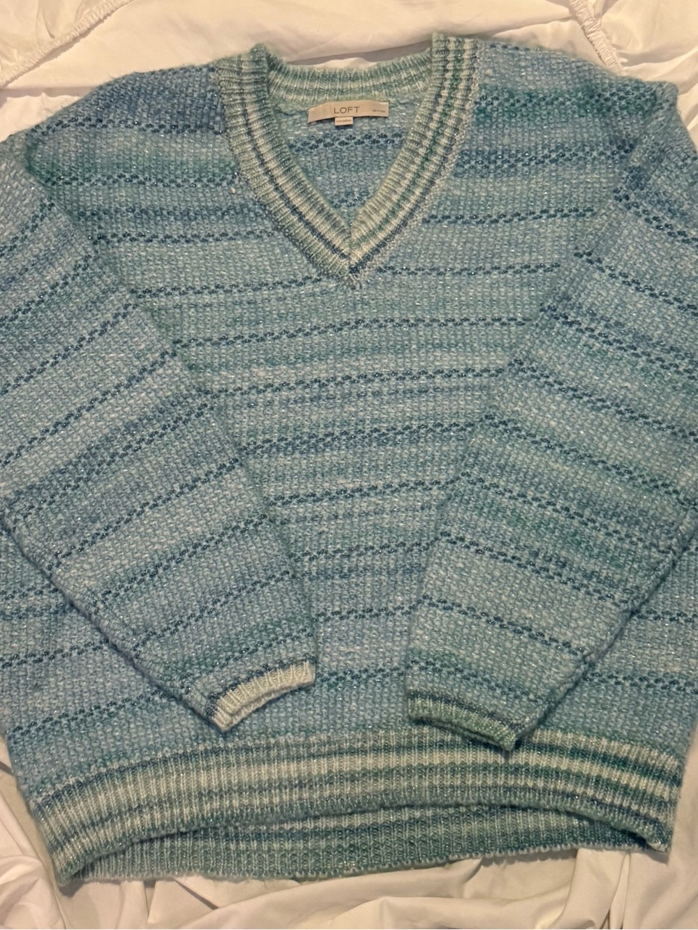 LOFT women's V-Neck Striped Knit Sweater - Aqua and Light Blue